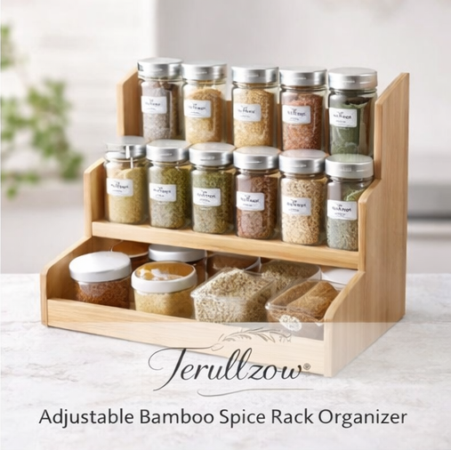 Terullzow™ Adjustable Bamboo Spice Rack Organizer, Kitchen organization, saving space, and adding a natural touch to your cooking area