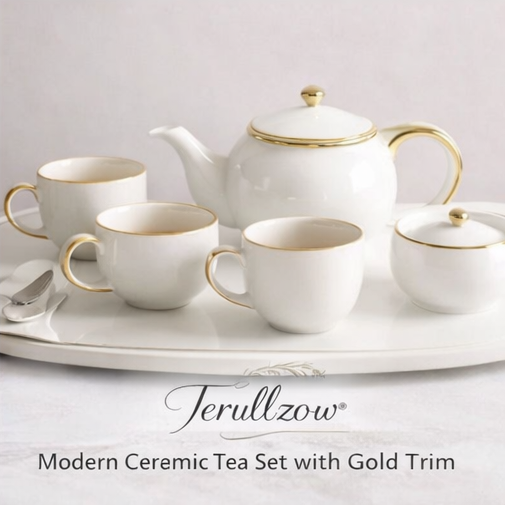 Terullzow™ Modern Ceramic Tea Set with Gold Trim, Tea lovers, hosting tea parties, and home decor enthusiasts